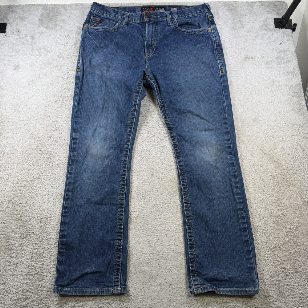 Ariat FR Jeans Mens 38x32 Blue Denim M7 Slim Straight Leg Cowboy Workwear Rodeo